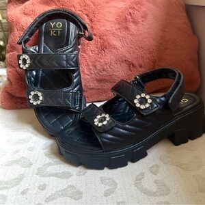 Yoki Brielle Black Quilted Platform Chunky Heel Sandals with rhinestone 7.5